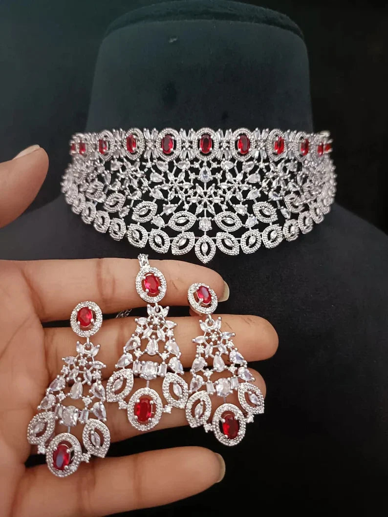 Ruby Cubic Zirconia Diamond Bridal Necklace Set