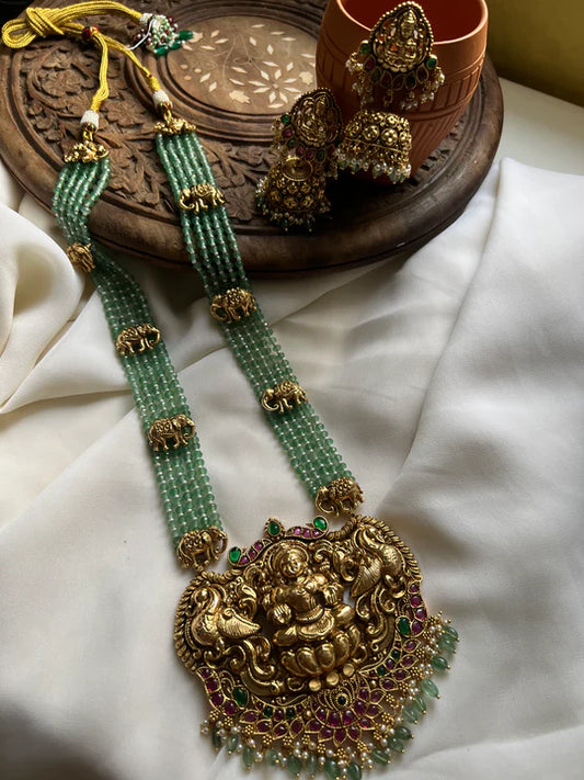Premium Nagas Lakshmi bead haram with elephant motifs and jhumkas