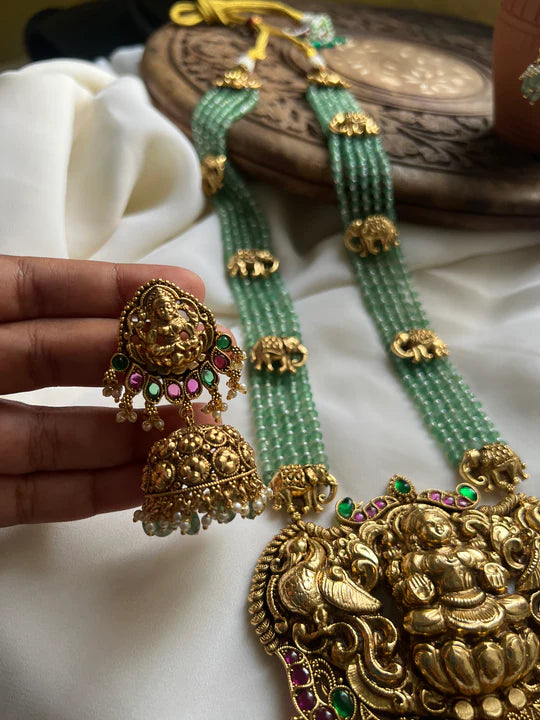 Premium Nagas Lakshmi bead haram with elephant motifs and jhumkas
